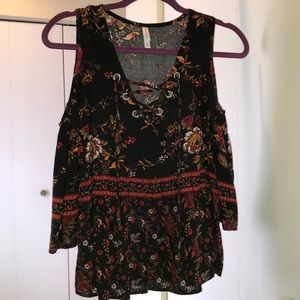 Black floral pint blouse. Cut off shoulders.